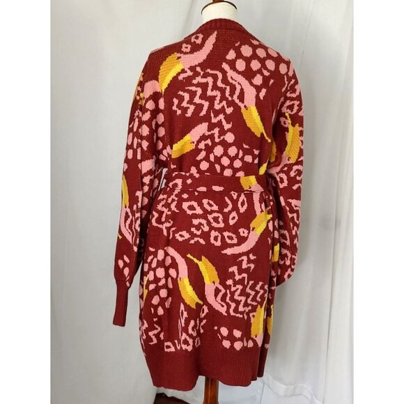 FARM Rio Cardigan L Toucanissimo Belted Longline Red Burgundy Cozy - Picture 9 of 13